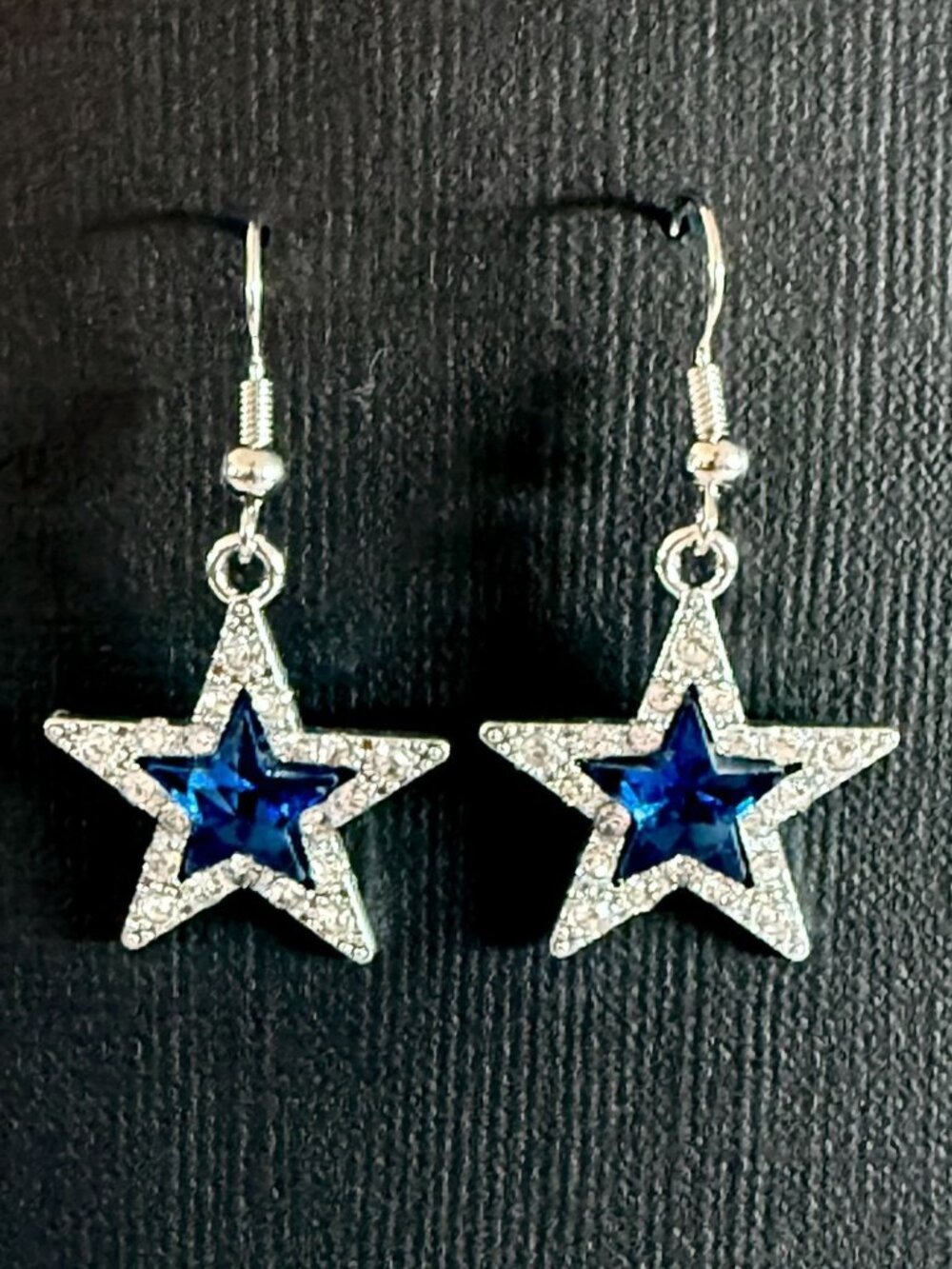 Blue Star Earrings Silvertone Rhinestone Dangle Celestial Stage Glam